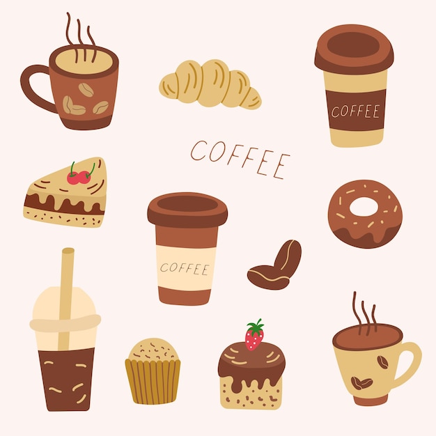 ensemble de café, gâteau, cupcake, beignet et grains de vecteur de café