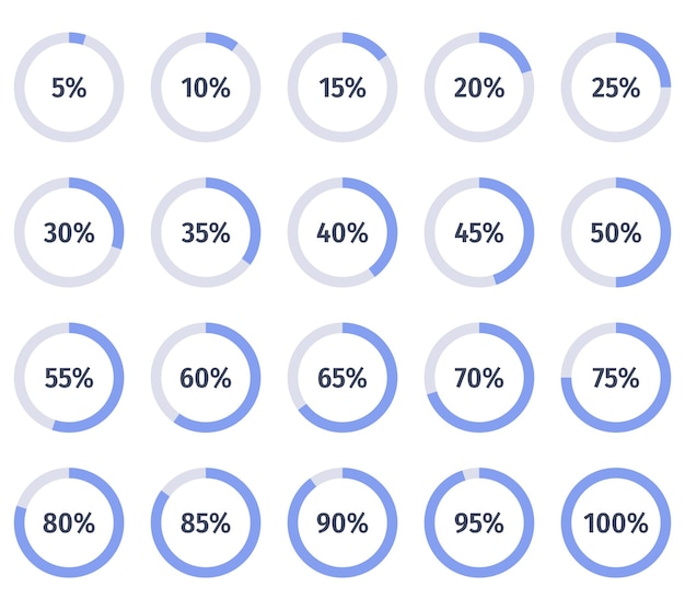 Vecteur ensemble de camemberts infographiques colorés en pourcentage. segment d'icônes de cercle de trou 5 - 100.