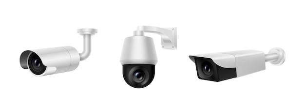 Ensemble de caméras de sécurité de vidéosurveillance. Collection réaliste d'enregistrement de contrôle et de cames électroniques d'inspection. Concept de technologie de système de propriété de protection. illustration vectorielle 3D