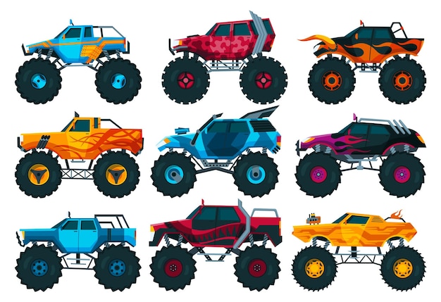 Ensemble De Camions Monstres Voiture De Dessin Animé Colorée Et Lumineuse Avec De Grandes Roues Voitures Lourdes Avec De Gros Pneus Et Des Vitres Teintées Noires Ordinateur De Rallye 4x4 Isolé Ou Jeu Mobile