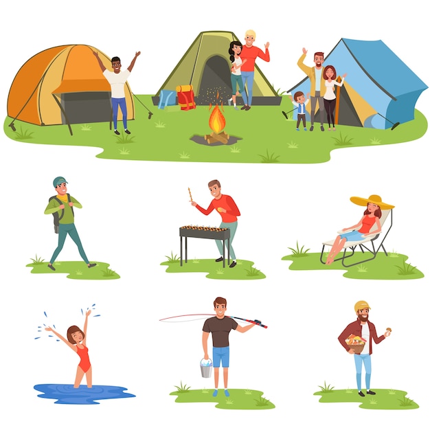 Ensemble de campeurs, touristes voyageant, camping et détente, fising