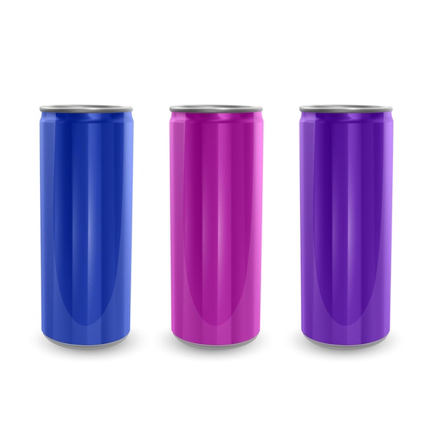 Ensemble de canettes en aluminium de couleurs bleu, rose et violet, isolé