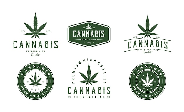 Ensemble De Cannabis Vintage, Modèle De Conception De Logo De Marijuana