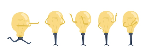 Vecteur ensemble de caractères d'ampoule avec différents gestes. idée fuyante, pensive, gesticulante. masque
