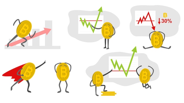 Ensemble De Caractères Bitcoin Dans Les Différentes Situations Augmentation De La Capitalisation De L'argent Virtuel Blockchain