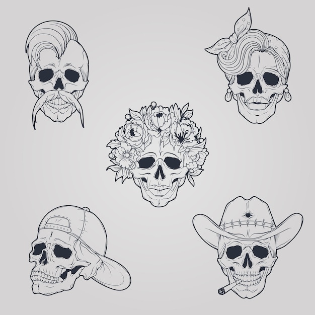 Ensemble De Caractères De Crâne Dessinés à La Main Couronne De Tête Cowboy Punk Moustache Foulard Casquette De Baseball Conception De Tatouage Dessin Animé Drôle Dessin Au Trait Contour Croquis Isolé Illustration Vectorielle