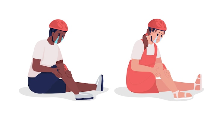 Vecteur ensemble de caractères vectoriels de couleur semi-plat pour enfants cyclistes qui pleurent. les gens du corps entier sur blanc. les blessures liées au vélo ont isolé une collection d'illustrations de style dessin animé moderne pour la conception graphique et l'animation