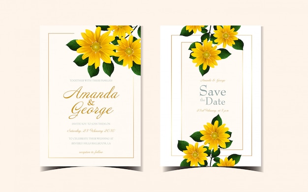 Ensemble De Carte D'invitation De Mariage Floral Jaune