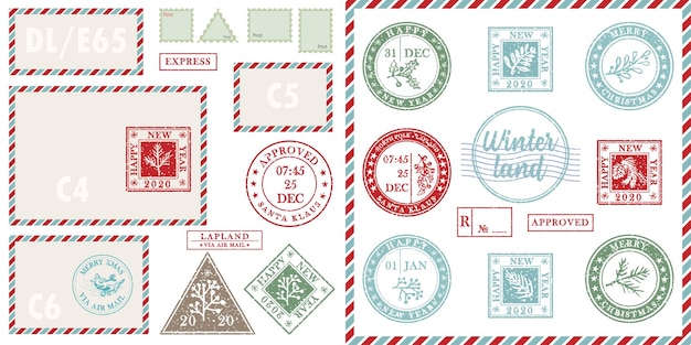Ensemble de carte postale et d'enveloppe de courrier aérien de modèle vintage Texture caoutchouc de timbre de Noël grunge avec des symboles de vacances dans des couleurs traditionnelles