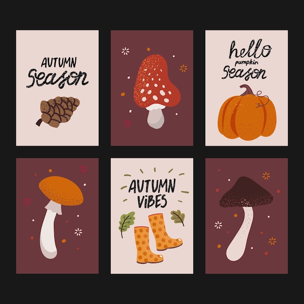 Ensemble De Cartes D'automne Mignon Avec Texte écrit à La Main. Belles Affiches Avec Citrouille, Champignons Et Autres éléments D'automne