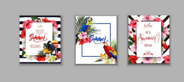 Vecteur ensemble de cartes d'été couvre les arrière-plans des vacances d'été toucan et perroquets tropicaux colorés