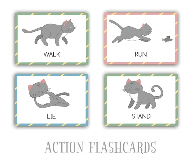 Ensemble De Cartes Flash D'actions Avec Chat. Caractère Mignon Debout, Courir, Marcher, Mentir. Cartes Pour L'apprentissage Précoce.