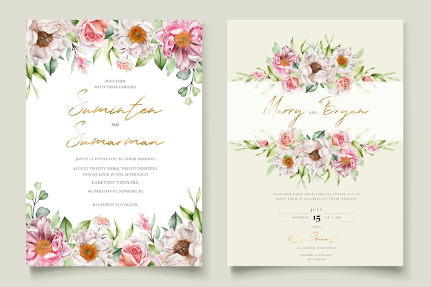 Ensemble De Cartes D'invitation Aquarelle Pivoines Et Roses Florales