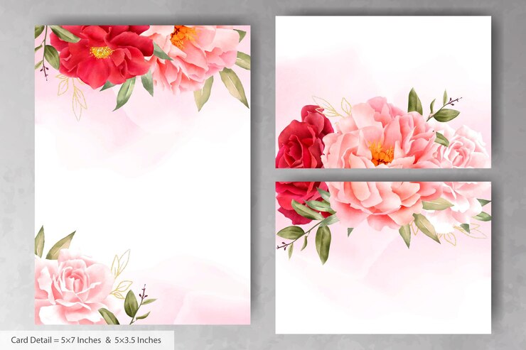 Ensemble de cartes d'invitation de mariage aquarelle romantique avec fleurs et feuilles marron