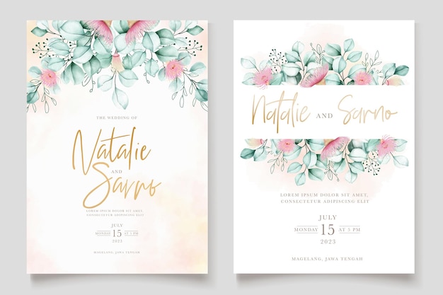 ensemble de cartes d'invitation de mariage belle fleur d'eucalyptus et feuilles