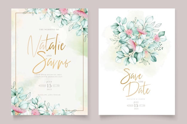 ensemble de cartes d'invitation de mariage fleur et feuilles d'eucalyptus