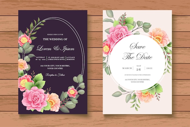 Ensemble De Cartes D'invitation De Mariage Floral Aquarelle