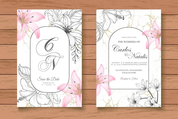 Ensemble de cartes d'invitation de mariage floral de dessin à la main