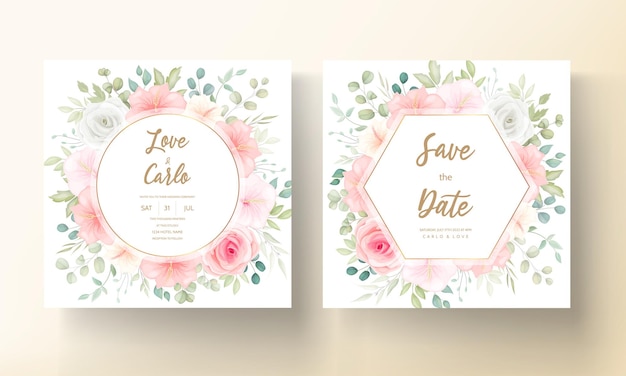 Ensemble De Cartes D'invitation De Mariage Romantique Fleur Et Feuilles