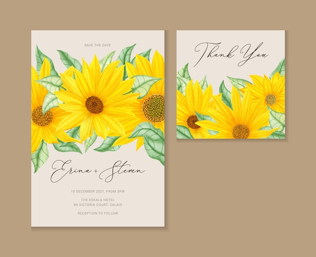 Ensemble De Cartes D'invitation De Mariage Tournesol Aquarelle Vintage