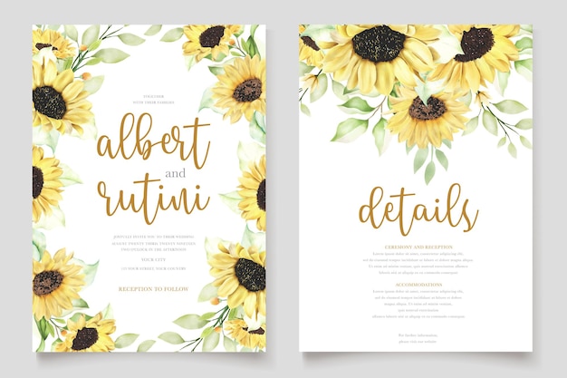 ensemble de cartes d'invitation de mariage tournesol aquarelle
