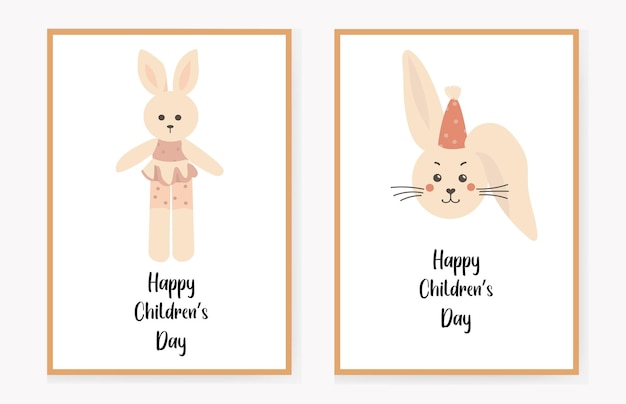 Ensemble De Cartes D'invitation Pour Les Enfants Avec Des Lièvres Et Un Lapin Félicitation Illustration Vectorielle