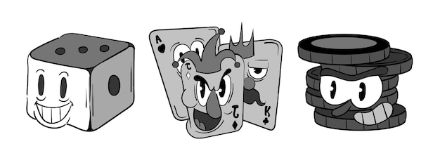 Un ensemble de cartes de jeux de casino dés et jetons vintage toons illustration vectorielle de personnage drôle à la mode style dessin animé rétro classique années 30