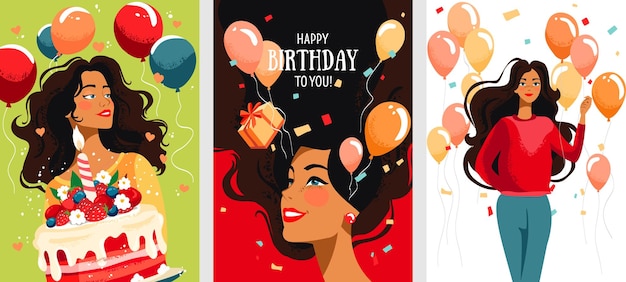 Ensemble De Cartes Postales Avec Une Femme Gâteau Ballons Confettis Et Bougie