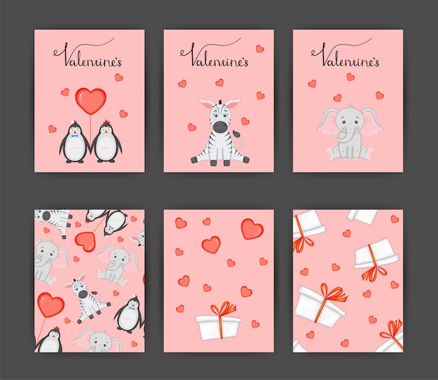 Un Ensemble De Cartes Postales Pour La Saint-valentin Illustration Vectorielle Avec Des Animaux Pour La Saint-valentin Modèle Pour Cartes Postales Flyers Invitations