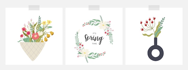 Ensemble De Cartes De Printemps Avec Des Fleurs Dans Un Vase Dans Un Cadre Floral Bouquet Jolies Décorations Vectorielles