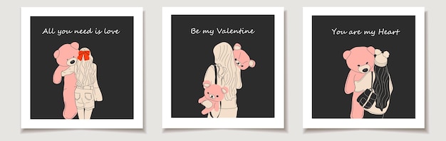 Ensemble De Cartes De Saint-valentin De Jolies Femmes Embrassent Une Poupée Géante D'ours En Peluche. Illustration De Fille De Mode