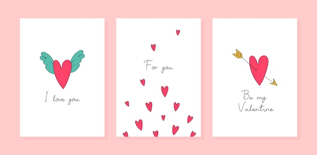 Vecteur un ensemble de cartes simples minimalistes pour la saint-valentin, des valentines pour les amoureux avec félicitations