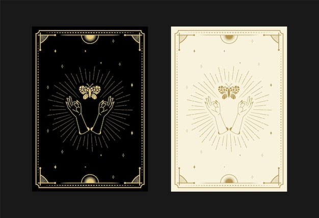 Ensemble De Cartes De Tarot Mystiques Symboles Alchimiques Doodle Gravure D'étoiles Cristaux Papillon Papillon