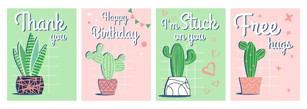 Ensemble De Cartes De Vœux Avec Cactus Dans Un Style Plat Illustration Colorée De Cartes Postales Aux Couleurs Tendance