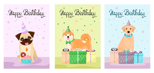 Vecteur un ensemble de cartes de voeux avec des chiens drôles cartoon design