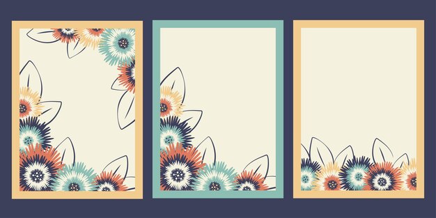 Vecteur ensemble de cartes de voeux florales avec espace de copie pour le texte arrière-plans de fleurs avec plantes fleurs sauvages silhouettes de feuilles illustration vectoriel pour bannières affiches modèle de voeux imprimer