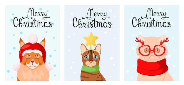 Un Ensemble De Cartes De Voeux De Noël Avec Des Chats. Animaux Drôles. Conception De Dessin Animé.