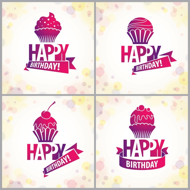 Ensemble de cartes de voeux vectorielles joyeux anniversaire. Comprend une belle composition de lettrage et de cupcake placée sur un arrière-plan abstrait de cercles flous. Format de forme carrée avec des couleurs CMJN acceptables pour l'impression