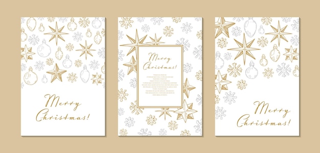 Ensemble de cartes de voeux verticales Joyeux Noël et Bonne Année avec des étoiles dorées dessinées à la main et des jouets sur fond blanc Illustration vectorielle dans le style de croquis
