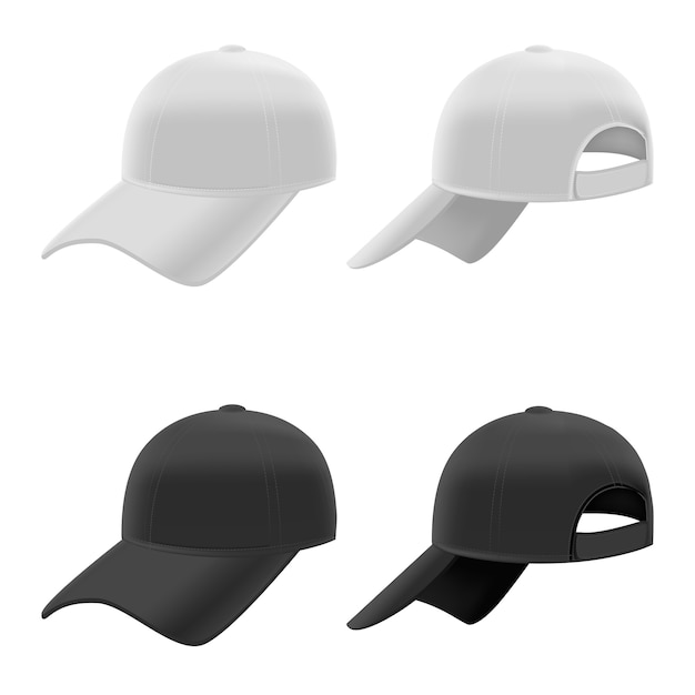 Vecteur ensemble de casquettes de baseball noir et blanc réaliste