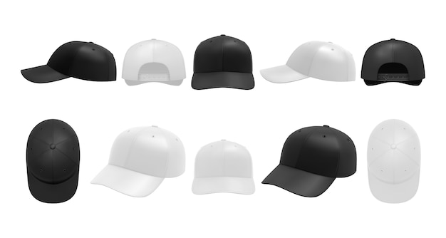 Ensemble de casquettes blanches et noires. Collection de chapeaux de baseball de sport dessinés de style réalisme