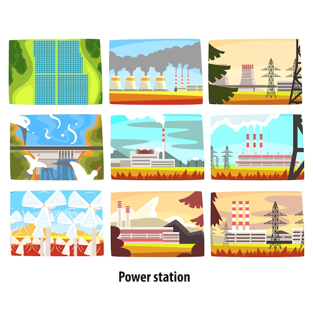 Vecteur ensemble de centrales électriques, centrales électriques à émissions faibles et nulles écologiques et plantes productrices d'énergie illustrations colorées