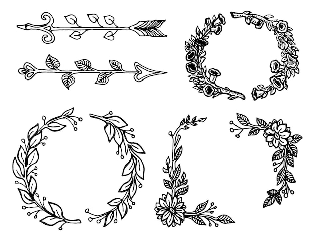 Ensemble de cercle mignon cadres dessinés à la main sur le fond blanc Doodle dessiné à la main des couronnes décoratives décrites avec des branches feuilles et fleurs Illustration vectorielle