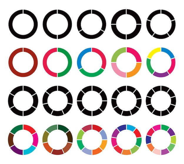 Ensemble de cercles de différentes couleurs diagrammes de pie Divers secteurs divisent le cercle