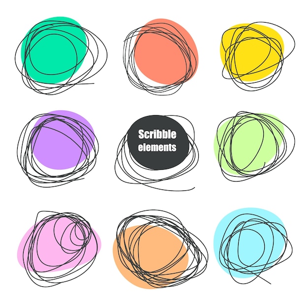 Ensemble de cercles de gribouillis dessinés à la main avec un fond de couleur Dessin à main levée Échantillon de doodle dessiné à la main