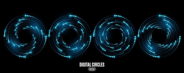 Ensemble de cercles numériques tourbillonnants Hexagones lumineux futuristes Visualisation de grandes données dans le cyberspace Motif de faisceaux d'abeilles avec effet de lumière Illustration vectorielle