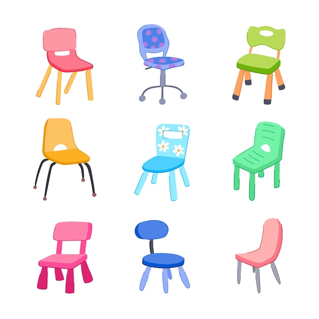 ensemble de chaise d'enfant dessin animé jolie fille petite école gens heureux chaise d'enfant signe symbole isolé illustration vectorielle