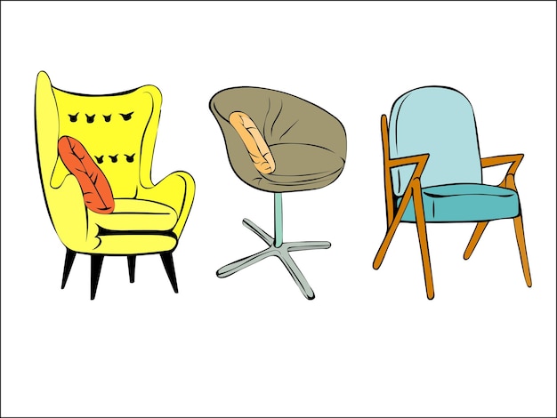 Vecteur ensemble de chaises moelleuses pour la maison et le bureau de différentes couleurs et formes meubles rembourrés pour le confort