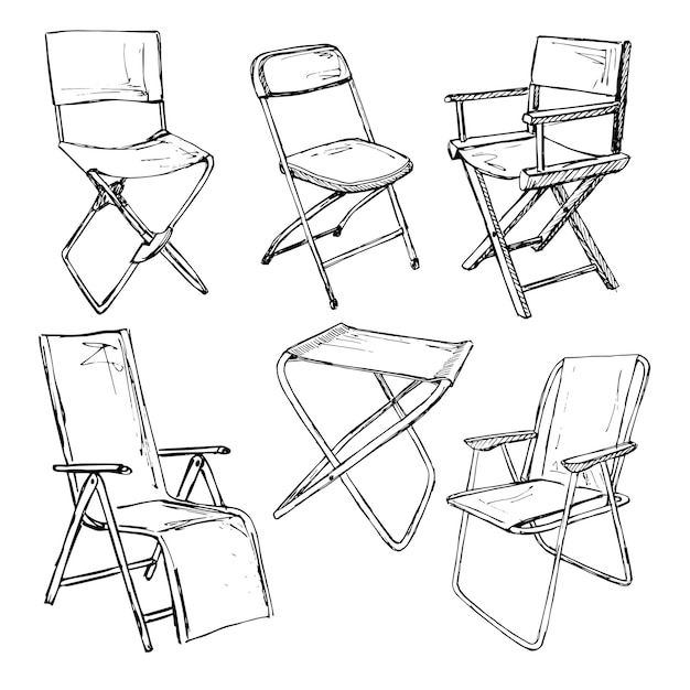 Ensemble De Chaises Pliantes Sur Un Isolement De Fond Blanc Illustration Vectorielle Dans Un Style De Croquis