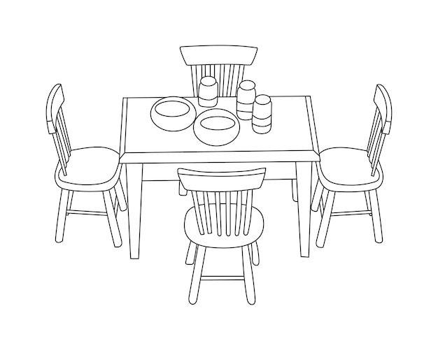 Vecteur ensemble de chaises et de table en bois dessin au trait dessiné à la main avec un fond blanc